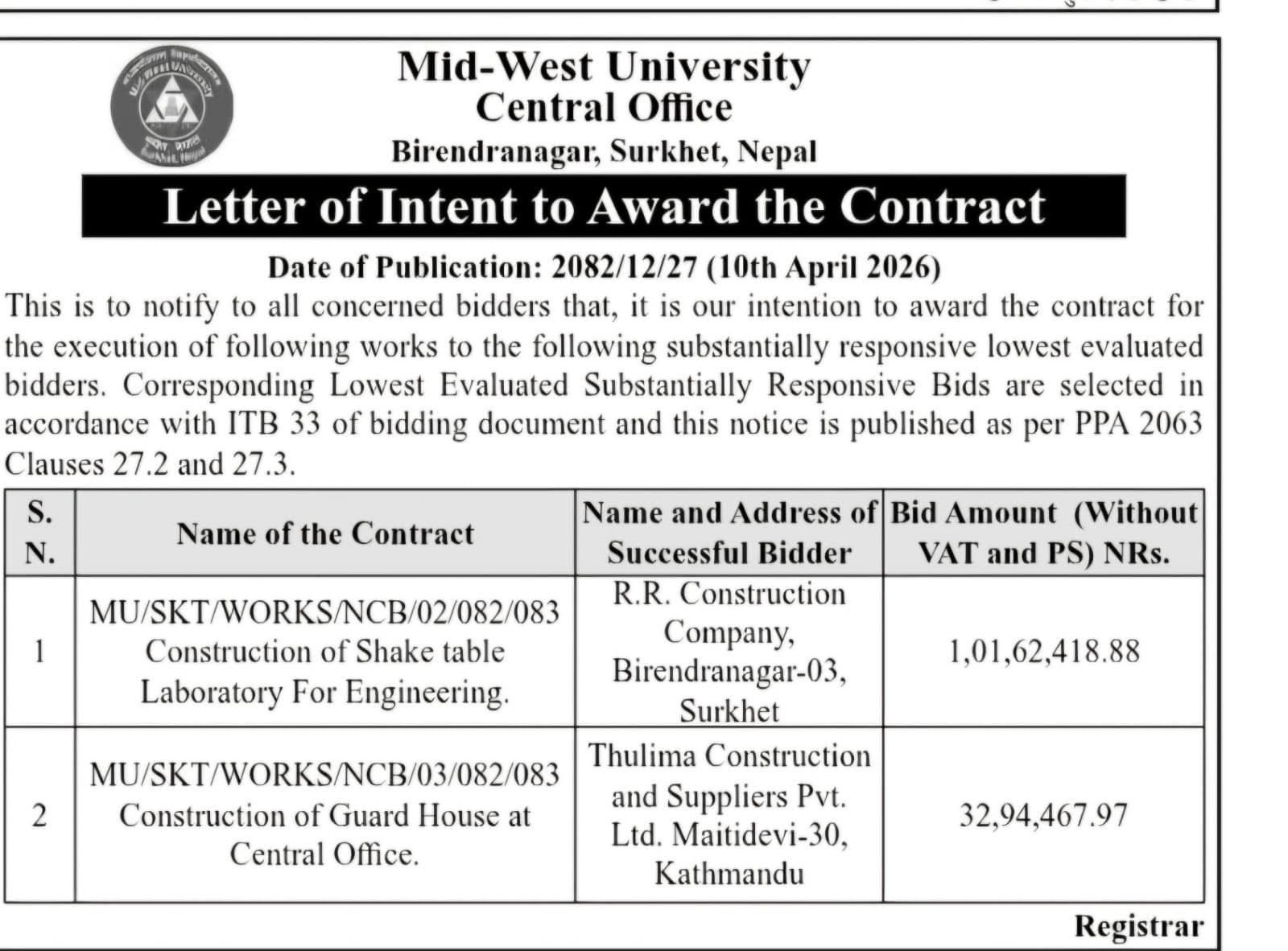 Letter of Intent to Award the Contract